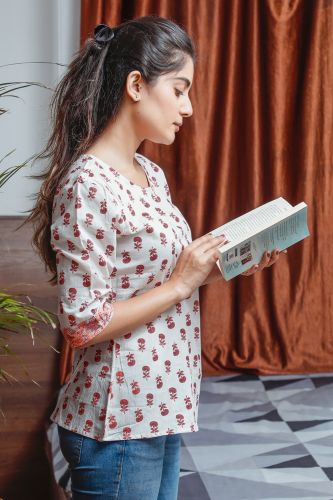 Red & White Floral Printed Casual Cotton Top