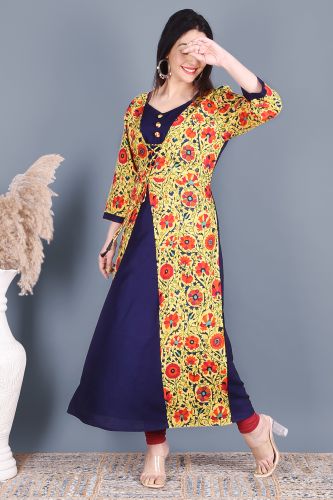 Blue Solid Flared A-Line Rayon Shrug Style Kurta