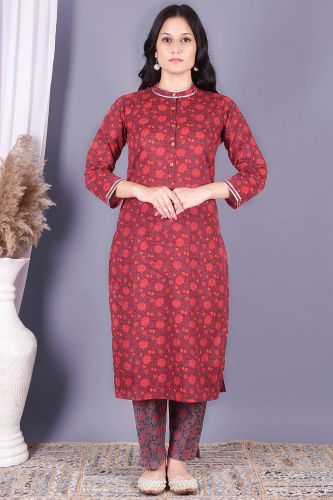 Red Floral Printed Kurta With Printed Palazzo Set