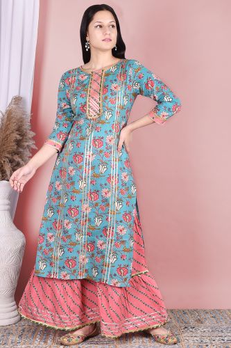 Floral Light Blue Cotton Kurta with Printed Sharara