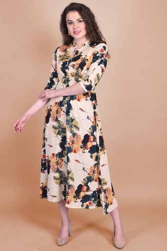 Multi-Colored Rayon Printed Midi One Piece Dress