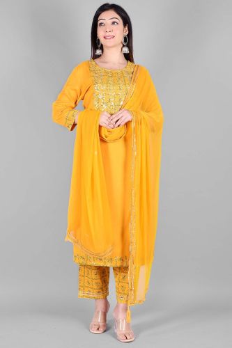 Ethnic Mustard Heavy Embroidered Kurta with Palazzo and Dupatta Set