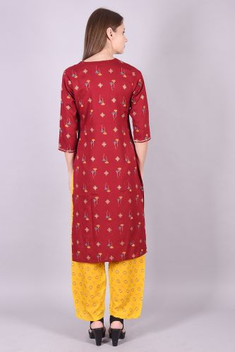 Red Rayon Printed Kurta with Handwork and Yellow Printed Palazzo