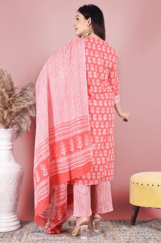 Red and White Printed Cotton Kurta with Striped Printed Palazzo Pants and a Dupatta