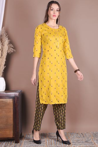 Mustard Printed Straight Rayon Kurta With Printed Pant