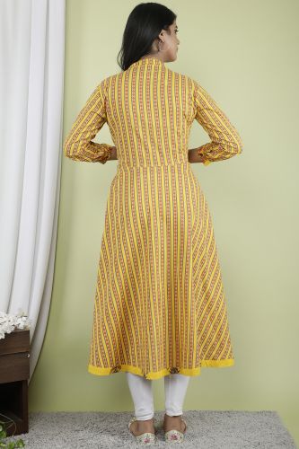 Yellow Stripes Printed A-Line Flared Cotton Kurta