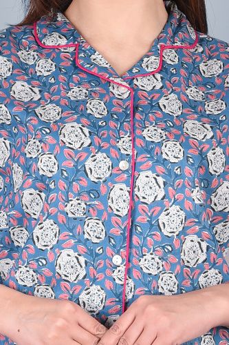 Blue Printed Cotton Night Suit