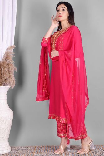 Ethnic Bright Pink Embroidered Kurta with Palazzo and Dupatta Set