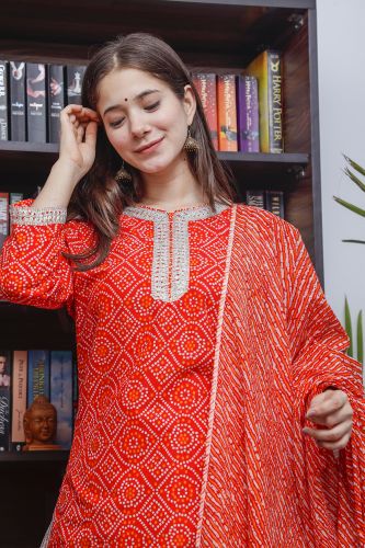 Red Bandhej Printed Cotton Kurta With Skirt & Dupatta