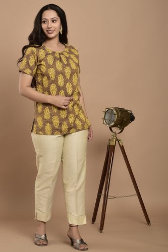 Brown & Mustard Printed Casual Cotton Top