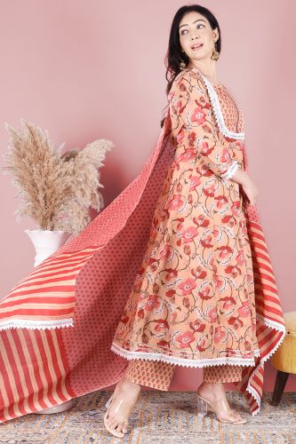 Peach Printed Anarkali Kurta With Printed Palazzo & Dupatta