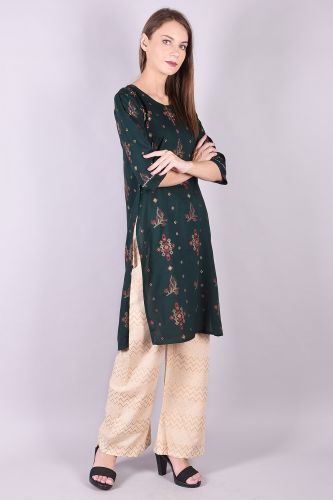 Handwork Printed Green Kurta With Beige Palazzo Set