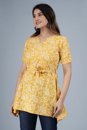 Mustard Ethnic Printed Cotton Top With Belt