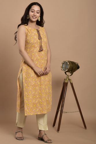 Yellow Printed Straight Fit Cotton Kurta