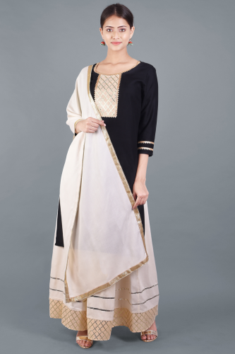 Solid Black Kurta with Off-white Skirt Dupatta Set