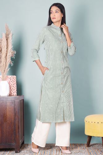 Green and White Striped A-Line Kurta