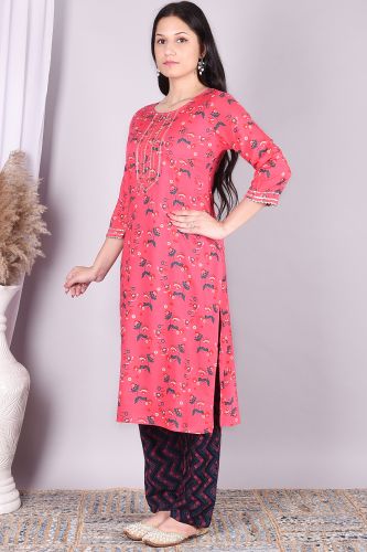 Peach and Navy Blue Printed Rayon Kurta and a Palazzo Set