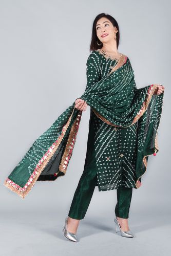 Cotton Silk Bottle Green Bandhej Heavy Embroidered Kurta With Trouser & Dupatta