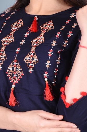Solid Navy Blue Embroidered Rayon A-Line Kurta
