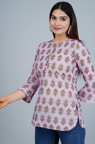 Lavender Ethnic Printed Straight Cotton Top