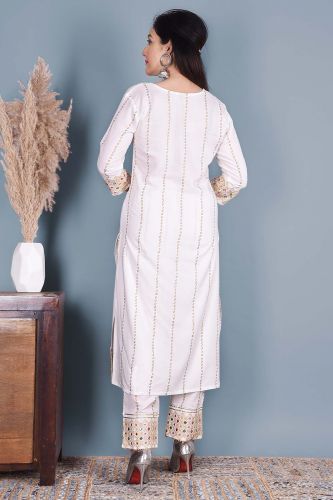 White Ethnic Kurta With Heavy Embroidery With Palazzo & Dupatta