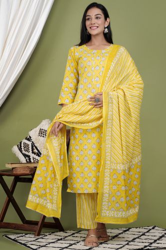 Yellow Floral Printed Kurta With Striped Palazzo & Dupatta