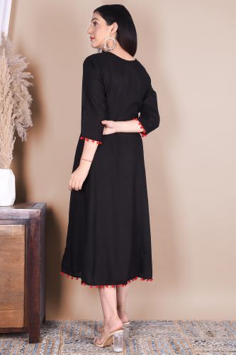 Solid Black Embroidered Rayon A-Line Kurta