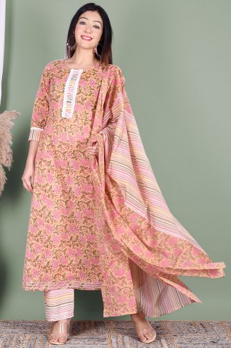 Nude & Pink Floral Printed A-Line Cotton Kurta With Printed Palazzo & Dupatta