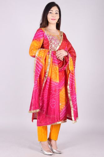 Cotton Silk Bandhej Heavy Embroidered Kurta with Trouser and Dupatta