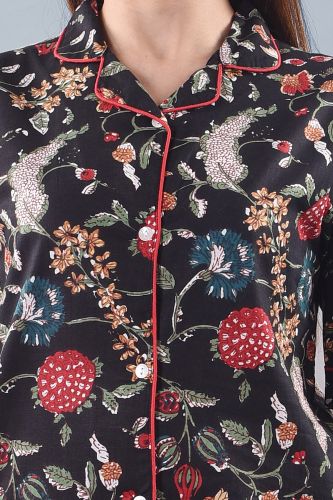 Black Floral Printed Cotton Night Suit