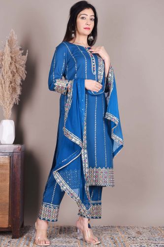 Blue Ethnic Kurta with Palazzo Pants and a Dupatta with Heavy Embroidery