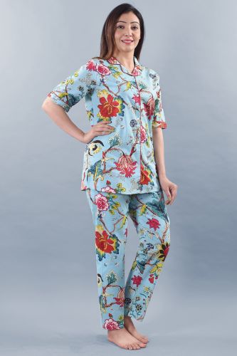 Blue Floral Printed Cotton Night Suit