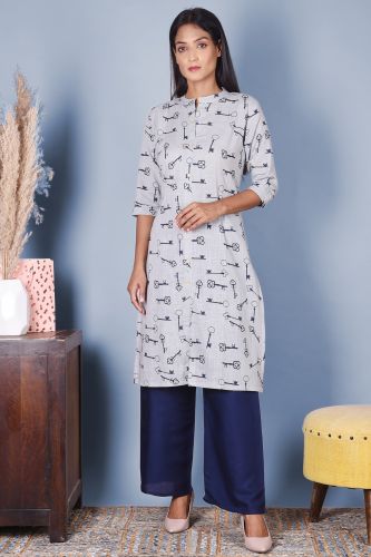 Grey & Blue Printed A-Line Kurta