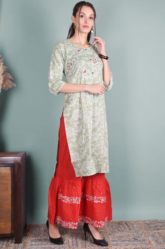 Handwork Pista Green Cotton Kurta with Red Printed Sharara