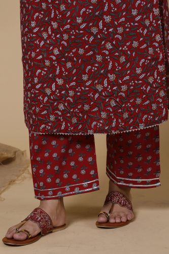 Maroon Floral Printed A-Line Cotton Kurta With Handwork, Printed Palazzo & Dupatta