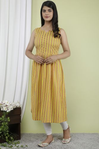 Yellow Stripes Printed A-Line Flared Sleeveless Cotton Kurta