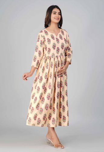 Beige Floral Printed Flared A-Line Rayon Kurta