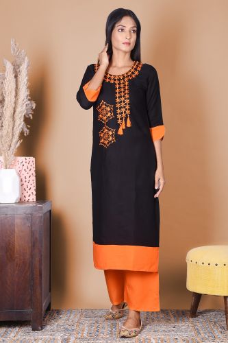 Solid Black Embroidered Rayon Kurta