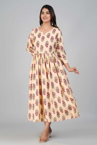 Beige Floral Printed Flared A-Line Rayon Kurta