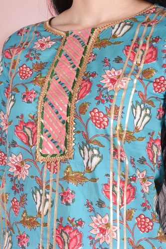 Floral Light Blue Cotton Kurta with Printed Sharara