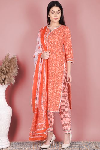 Orange & White Straight Fit Printed Cotton Kurta with Palazzo & Dupatta