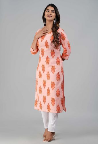 Pink Floral Printed Straight Cotton Kurta