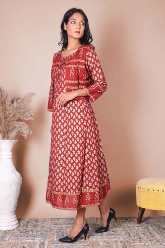 Red & Golden Printed A-Line Kurta With Jacket