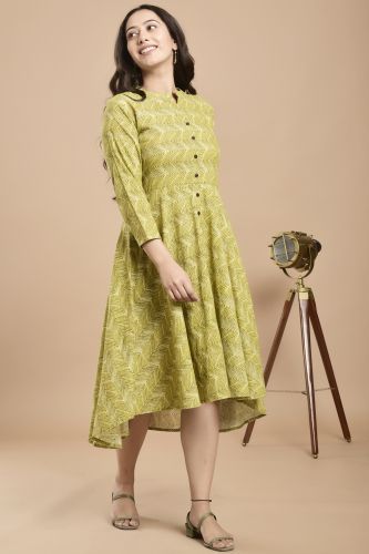 Green Zig-zag Printed Flared A-Line Cotton Kurta