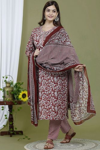 Maroon Color Cotton Kurta With Pant & Dupatta