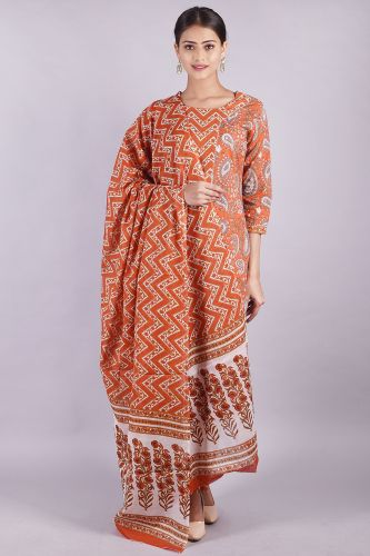 Orange Printed Kurta Palazzo and Dupatta Set