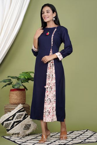 Navy Blue A-Line Long Rayon Kurta