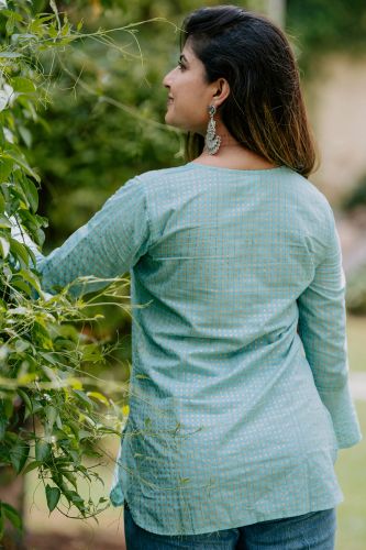 Light Blue Cotton Gold Printed Ethnic Top