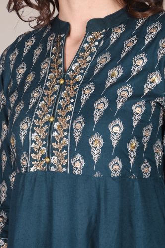 Premium Gold Printed Blue Rayon Kurta 