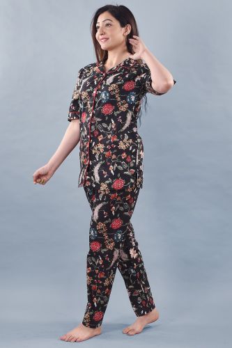 Black Floral Printed Cotton Night Suit